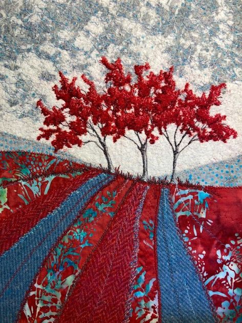 Landscape Textile Art, Applique Art Textile Artists, Layered Fabric Art, Textile Collage Art, Textile Fiber Art Fabric, 3d Fabric Art, Landscape Textiles, Fabric Art Ideas, Textile Landscapes