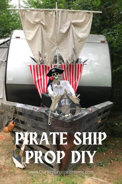 Set sail for a Halloween adventure with our DIY pirate-themed props. Transform your home into a pirate's den for a spooktacular night on the high seas! 🏴‍☠️⚓🎃 #PirateHalloween #DIYProps #HalloweenDecor" Pirate Sail Diy, Pirate Ship Sails Diy, How To Build A Pirate Ship For Halloween, Diy Pirate Chest, Pirate Ship Mast Diy, Pirate Diy Decorations, Diy Pirate Halloween Decorations, Pirate Party Decorations Diy, Cardboard Pirate Ship Diy