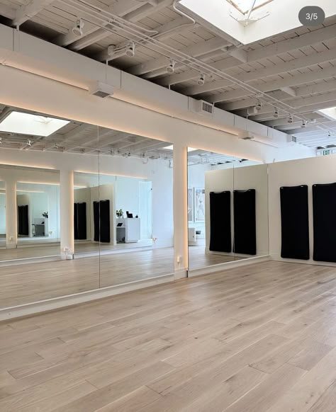 Group Fitness Studio Design, Pilates Studio Flooring, Pilates Studio Mirrors, Dance Studio Lobby, Yoga Mirror, Studio Mirrors, Wellness Era, Gym Mirror, Props Storage