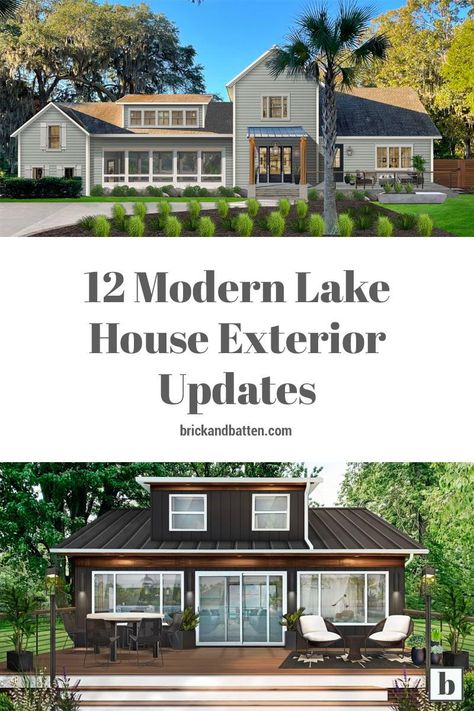 Best Lake House Exteriors, Lakehouse Siding Ideas, Classic Lake House Exterior, Ranch Lake House Exterior, Lakehouse Design Ideas Exterior, Lake House Before And After, Exterior Lake House Ideas, Lakehouse Exterior Ideas, Lake House Black Windows