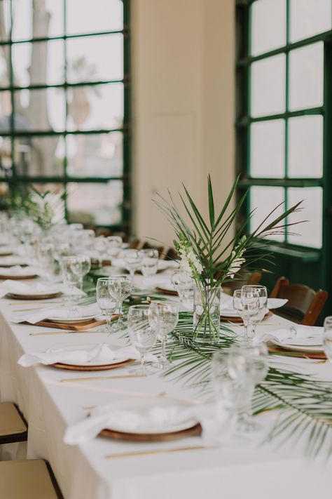 Palm Centerpiece Simple, Palm Leaf Table Runner, Palm Table Runner, Palms Centerpiece, Palm Frond Centerpiece Simple, Simple Beach Centerpieces, Palm Tree Centerpieces Diy, Palm Tree Table Decor, Palm Leaf Table Decor