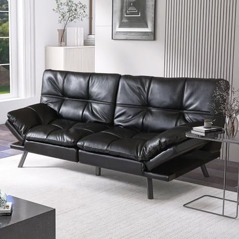 Hcore Black Leather Futon Sofa Bed, Sofa Loveseat Memory Foam Small Sofa Foldable Loveseat with Armrests for Compact Living Spaces,Apartment,Dorm,Studio,Guest Room,Home Office Black Leather Futon, Studio Guest Room, Sleeper Loveseat, Sofa Bed 2 Seater, Faux Leather Couch, Loveseat Sofa Bed, Loveseat Sleeper Sofa, Small Sofa Bed, Leather Futon