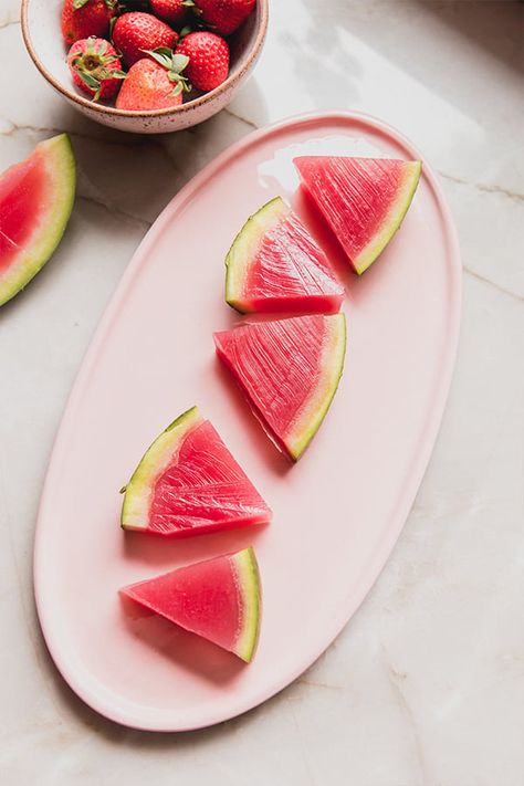 Watermelon Jello Slices, Freezer Desserts Recipes, Watermelon Jello Shots, Watermelon Jello, Watermelon Gummies, Unbound Wellness, Aip Desserts, Breakfast Appetizers, Watermelon Rind