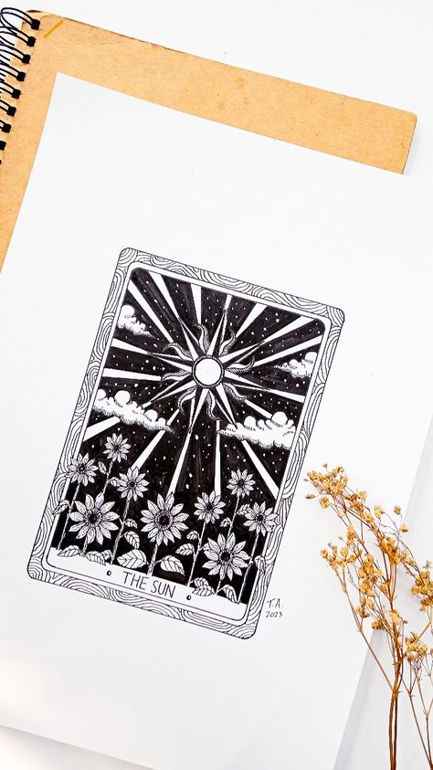 "The Rising Sun" (2023) by Tiara Amalia | Inktober 2023 day 13: Rise Sun Tarot Card Tattoo, Tarot Ideas, Sun Quilt, Drawing Sun, Lino Ideas, Card Design Ideas, Tarot Design, Sun Tarot Card, Tarot Card Design