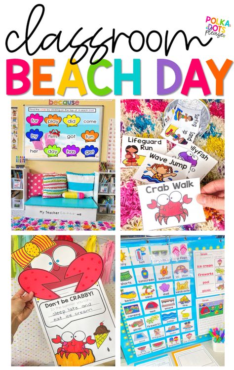 Classroom Beach Day Activities Beach Day Games, Classroom Beach Theme, Classroom Beach Day, Classroom Activities For Kids, Beach Day Activities, Beach Theme Preschool, Summer School Themes, Beach Theme Classroom, Summer School Activities