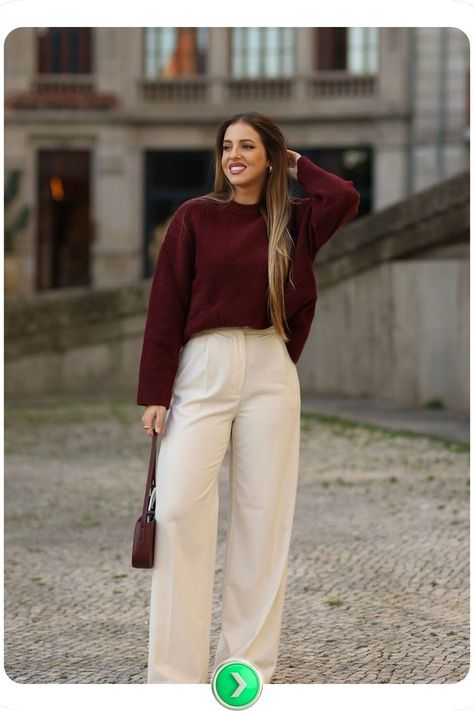 Cozy maroon knit sweater with white trousers, creating a warm, approachable dinner look. Perfect for chilly evenings, blending style with coziness in a refined way. Casual Dinner Outfit Ideas, Maroon Sweater Outfit, Dinner Outfit Ideas, Dinner Outfit Casual, Maroon Outfit, Dinner Outfit, White Trousers, Maroon Sweater, Elegant Casual