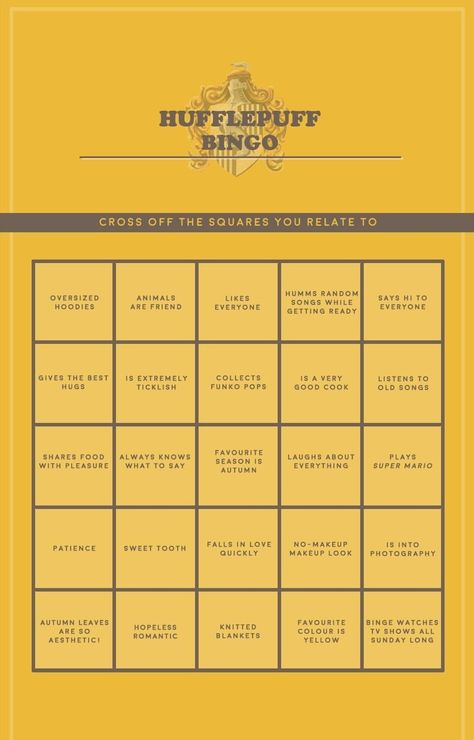 Hufflepuff Bingo Harry Potter Hufflepuff Characters, Hufflepuff Characteristics, Hufflepuff Characters, Thai Celebrity, Slytherin Ravenclaw, Ravenclaw Hufflepuff, Hufflepuff Pride, Drarry Fanart, Hp Harry Potter