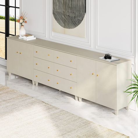 PRICES MAY VARY. Modern Kids Dresser: Combined with unique faux linen textured finish surface and gold knobs add a touch of elegance to any room. 32.4" Height makes you access and place the items without any effort. Ample Storage Space: 3-In-1 wide dresser features 6 large drawers each of which measures 20.9" L x 11.3" W x 5.9" H and 6 storage compartments for different size items. This set of beige baby dressers is great to organize your clothes, blankets, etc. As well as the 118"x15.3" wide ta Kitchen Buffet Table, Extra Wide Dresser, Wood Closet, Storage Cabinet With Drawers, Wide Dresser, Home Storage Solutions, Kitchen Sideboard, Storage Closet Organization, Living Room Cabinets