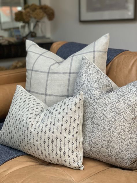 Cushion Arrangement, Cushion Combinations, Cushions Uk, Country Cushions, Rooms Design, Mixed Patterns, Living Room Cushions, Blue Couches, Throw Pillows Living Room