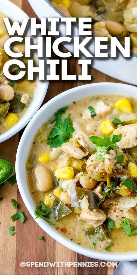 This white chicken chili recipe is so heart Chunks of chicken are slowly simmered in broth with poblano peppers, kidney beans, and corn, then finished with sour cream and fresh cilantro. This delicious Southwestern-style meal is ready in less than an hour. Easy to make on the stove top, crockpot, or Instant Pot. Serve white chili chicken recipe with buttered biscuits or crusty garlic bread. #whitechickenchilirecipe #spendwithpennies #whitechickenchilicrockpotrecipes #whitechickenchilislowcooker White Chicken Chile, White Chili Chicken, Chicken Poblano Soup, Chili Chicken Recipe, White Chicken Chilli, Easy White Chicken Chili, White Chicken Chili Slow Cooker, White Chicken Chili Recipe, White Bean Chicken Chili