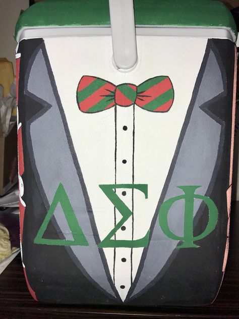 Frat cooler Delta Sigma Phi letters suit and tie #frat #coolers #fraternity #deltasig #deltasigmaphi #suitandtie #bowtie #letters #painting #formal #cooler #fraternity Delta Sigma Phi Cooler, Frat Coolers Nashville, Nashville Cooler, Frat Painting, Frat Formal Coolers, Letters Painting, Nola Cooler, Formal Coolers, Frat Formal