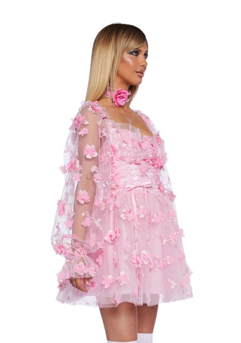 This dress comes in a tulle construction, with embroidered and 3D floral detailing, a ruffled trim, a boned bodice, sweetheart neckline, corset lacing, a shirred back, and a back zip closure. Pink Summer Dresses, Pink Baby Doll Dress, Pink Beaded Dress, Cute Pink Dress, Pink Princess Dress, Corset Lacing, Kiss Dress, Whimsical Dress, Pink Clothes