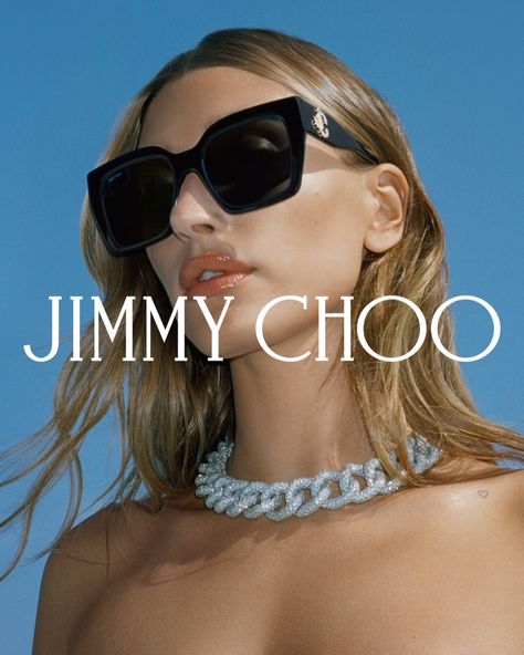 Jimmy Choo Sunglasses, Colorful Shoes, Form Fitting Dress, Hailey Baldwin, Fashion Advertising, New Star, Hailey Bieber, Ad Campaign, Square Sunglasses Women