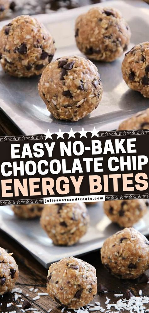 No Bake Chocolate Chip Energy Bites Chocolate Chip Energy Bites, Coconut Oats, Energy Balls Healthy, Healthy Travel Snacks, Energy Ball Recipe, Snack Bites, Protein Bites, Choco Chips, Delish Recipes