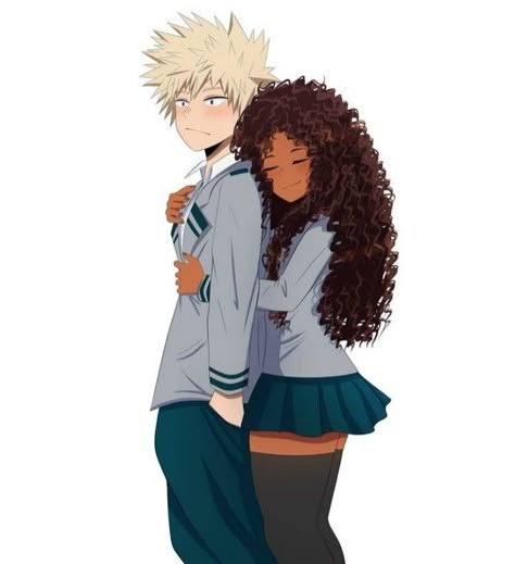 Bakugou X Yn Black, Black And Asian Couples Drawings, Black Yn X Anime, Bakugo X Black Y/n, Bakugou X Black Y/n, Ambw Anime, Ambw Couples Art, Black Yn, Interracial Art