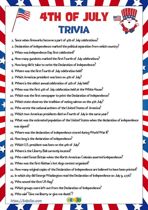 Test your history of US Independence day with 4th of July Trivia for kids. This Independence day quiz is a fun way to learn 4th July facts for kids! 4th Of July Learning Activities For Kids, 4th Of July Lessons For Kids, 4th Of July Trivia Questions And Answers, 4th Of July Facts, Fourth Of July Trivia, July Facts, Independence Day Facts, 4th Of July History, Buddy Activities