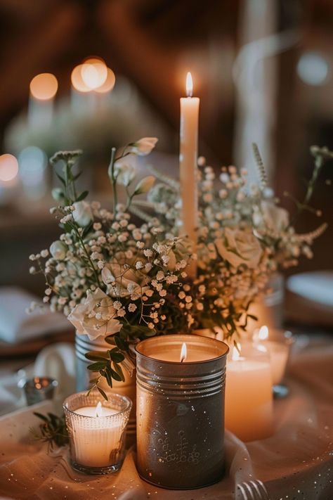 Add natural charm to your wedding with rustic centerpieces featuring wood, burlap, and mason jars. See more inspiration here. Rustic Wedding Centerpiece Ideas, Driftwood Wedding Centerpieces, Tin Can Centerpieces, Birch Bark Candles, Bucket Centerpiece, Burlap Centerpieces, Wedding Centerpiece Ideas, Birch Candles, Lighted Centerpieces