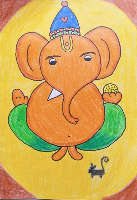 Easy Ganpati Drawing For Kids, Ganapati Drawing Easy, Ganesh Drawing For Kids, Ganpati Drawing For Kids, Festive Drawings, Ganpati Painting, Thumb Painting, Ganpati Drawing, Ganesh Painting