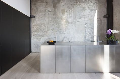 modern minimalist kitchen with stainless steel island cabinets #homedecor #decor #decorating #interiordesign #design #interiordecorating #interiorstyling #interiors #kitchen Metal Kitchen Cabinets, Textured Concrete, Steel Kitchen Cabinets, Minimalist Dekor, Kitchen Benchtops, Steel Bench, Minimal Kitchen, Interior Minimalista, Metal Kitchen