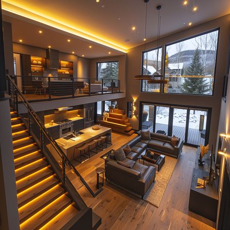 Luxury Loft Apartment Aesthetic, Big Loft House, Luxury Loft Apartment, Loft Houses, Dark Modern House, Modern Loft Apartment, Loft House Design, Diy Cabin, Leather Padfolio