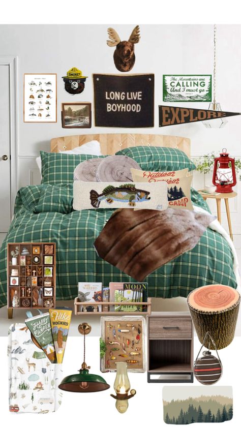 Outdoor Theme Bedroom For Adults, Vintage Camp Theme Bedroom, Camp Inspired Bedroom, Camp Themed Playroom, Outdoor Bedroom Theme, Boys Apartment Bedroom Ideas, Vintage Camp Bedroom, Wilderness Themed Bedroom, Vintage Camp Nursery