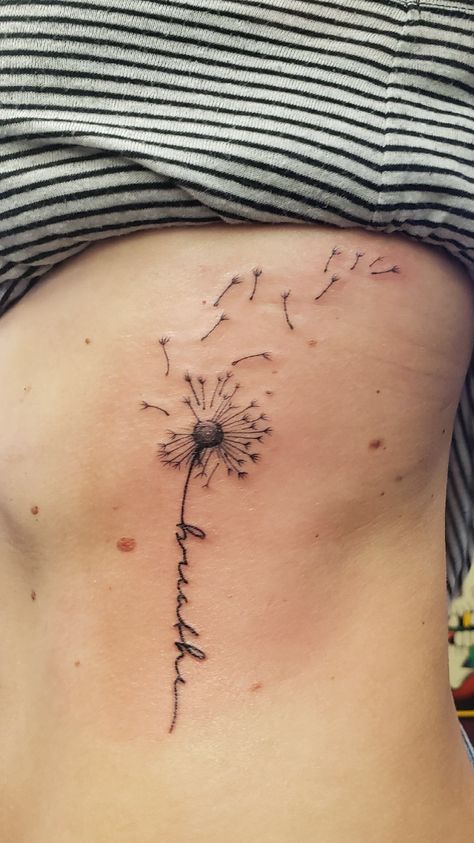 COPD, killed my dad.   Just breathe.  #tattoo  #daddy  #COPD #dandelion Dandelion Breathe Tattoo, Tattoos For Letting Go, Breathe With Flower Tattoo, Dandelion Mom Tattoo, Dandelion Back Tattoo, Dandelion Tattoo On Ribs, Dandelion Rib Tattoo, Breathe Flower Stem Tattoo, Just Breathe Tattoos For Women Ribs