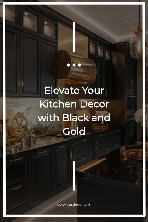 Modern kitchen with black cabinets and gold accents, featuring elegant decor and lighting. Black Cabinets With Gold Hardware, Gold Kitchen Accents, Gold Home Decor Ideas, Gold Grout, Black And Gold Home Decor, Gold Backsplash, Black And Gold Home, Kitchen Glam, Black And Gold Kitchen