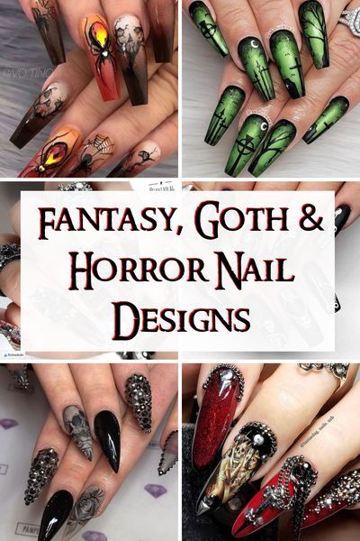 These gothic nail designs are done beautifully. Some are dark nail designs with a hint of horror, others are elegant with a touch of fantasy. Vampire Nail Art Designs, Gothic Stilleto Nails Designs, Dark Gothic Nail Designs, Elegant Gothic Nails, Gothic Flower Nails, Creepy Halloween Nail Designs, Halloween Nails Nail Art, Gothic Nail Designs Ideas, Gothic Floral Nails