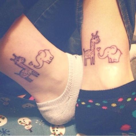 Elephant and giraffe Tattoo Preparation, Matching Best Friend Tattoos, Elephant Tattoo Design, Bff Tattoos, Friendship Tattoos, Elephant Tattoo, Tattoo Designs For Girls, Elephant Tattoos, Best Friend Tattoos