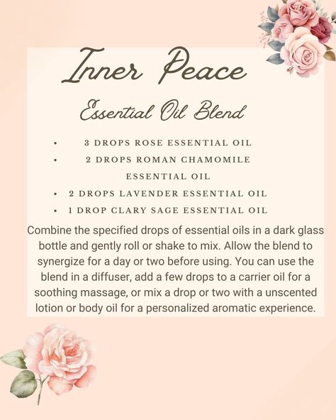 Inner Peace Essential Oil Blend-Here's another beautiful aromatherapy blend that captures the essence of Rose. Enjoy! #aromatherapy #essentialoils #essentialoils101 #scents #holistic #massagetherapy #yogalove #massage #holisticmama #diyaromatherapy #diyessentialoils #essentialoilrecipes #essentialoilremedies #essentialoilrevolution #essentialoils101 #essentialoilsrock #essentialoilbenefits #essentialoils #roseoil #lavenderoil #clarysage #romanchamomile 🌹 Rose Essential Oil Blends, Spiritual Essentials, Oil Fragrances, Perfume Blends, Roman Chamomile Essential Oil, Unscented Lotion, Floral Essential Oils, Essential Oils 101, Essential Oils For Massage