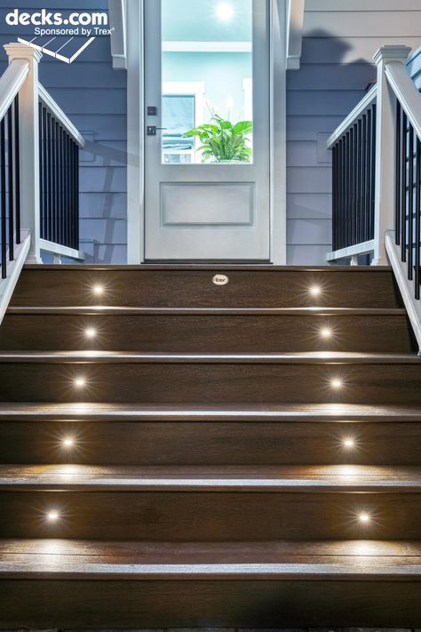 Every deck needs great lighting. The best outdoor deck lighting ideas for your deck will suit your style, as well as provide illumination for ambiance and safety. Click the link to read more. #lighting #exterior #recessedlights #deckstairs Photo © 2019 Scripps Networks, LLC. Used with permission; all rights reserved. Lighted Stairs, Trex Deck Lighting, Deck Stair Lights, Outdoor Deck Lighting, Patio Pictures, Porch Styles, Led Deck Lighting, Deck Steps, Stair Lights