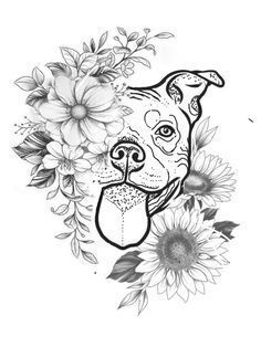 Floral Pitbull Tattoo, Pitbull With Flowers Tattoo, Pitbull And Flowers Tattoo, Dogs And Flowers Tattoo, Pittbulls Dogs Tattoo, Floral Dog Tattoo Design, Girly Hip Tattoos, Dog And Flower Tattoo Ideas, Staffy Tattoos Line