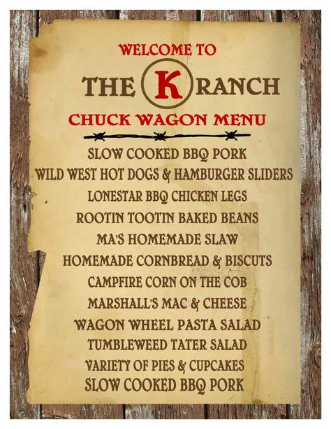 Menu (Maybe use some of the food) Country Western Food Ideas, Western Food Menu, Wild West Party Theme, Country Western Parties, Cowboy Food, Homemade Slaw, Bbq Chicken Legs, Dinner Menu Ideas, Country Dinner