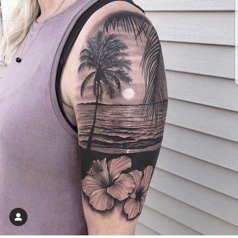 Beach Sleeve Tattoo Color, Dolphin Arm Tattoo, Hawaiian Sleeve Tattoo Women, Florida Inspired Tattoo, Beach Scene Tattoo, Ocean Tattoos Sleeve For Women, Diana Tattoo, Beach Theme Tattoos, Tropical Sleeve