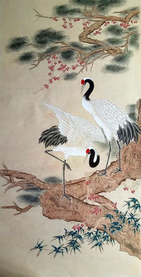 Chinese Dynasty Art, Chinese Culture Art, Chinese Painting Traditional, Crane Painting, Chinese Traditional Art, Pine Tree Painting, Pine Tree Tattoo, Japanese Bird, Traditional Chinese Art