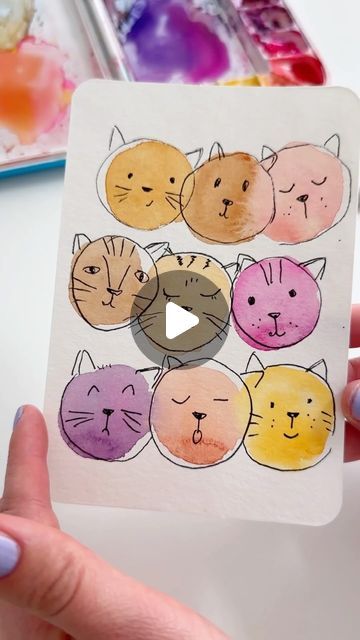 Cute Postcard Ideas, Easy Watercolor Greeting Cards, Easy Diy Cards Ideas, Watercolor Art For Beginners Ideas, Watercolor Greeting Cards Diy, Watercolor Crafts For Kids, Watercolour Inspiration Easy, Kids Watercolor Painting Ideas, Watercolor Cat Easy