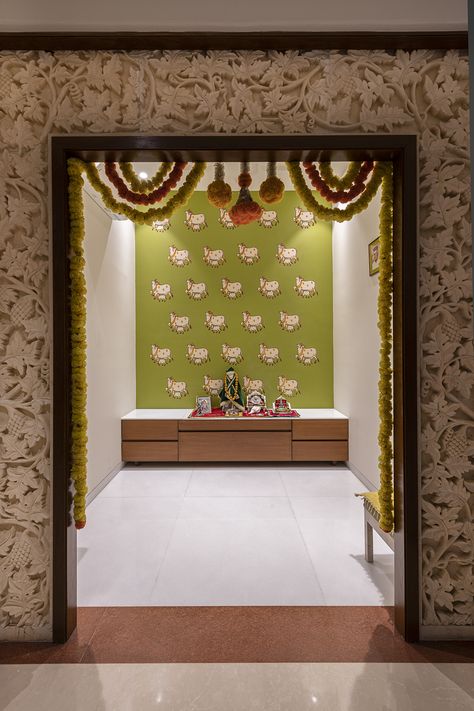 Pichwai Pooja Room Door, God Mandir, Tropical Bungalow, Pooja Door, Pooja Door Design, Mandir Decoration, Indian Room Decor, India Home Decor, Temple Design For Home