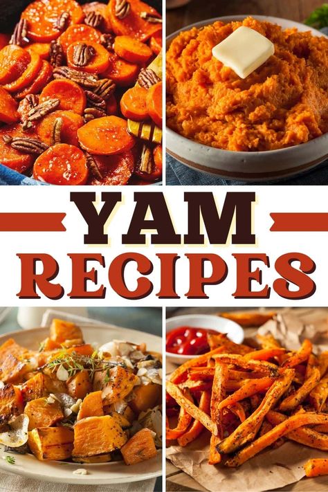 These yam recipes are perfect for any meal, no matter what time of year! From cake to fries to muffins, yams certainly make for some tasty dishes! Savory Yams Recipe, Red Yams Recipes, Yam Meal Ideas, Yams Recipes Thanksgiving, Purple Yams Recipe, Yam Side Dish Recipes, Recipes For Yams, Yam Recipes Thanksgiving, Savory Yam Recipes