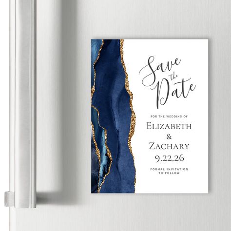 Chic Agate Navy Blue Gold Magnetic Save the Date - navy gold save the date invitations Blue Wedding Colour Theme, Popular Wedding Invitations, Navy Blue Watercolor, Gold Save The Dates, Magnetic Business Cards, Geode Wedding, Unique Save The Dates, Modern Save The Dates, Wedding Colors Blue