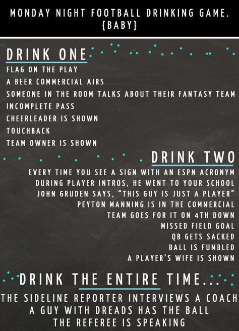 Venus Trapped: Monday Night Football Drinking Game Football Drinking Game, Super Bowl Drinking Game, Party Ideas College, Football Drink, College Drinks, Football Watch Party, Beer Commercials, Drinking Games For Parties, Fun Drinking Games