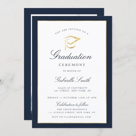 Elegant navy & graduation ceremony invitation - tap to personalize and get yours #graduation #party, #celebration, #grad #high Graduation Ceremony Invitation, Navy Graduation, Black And Gold Graduation, Graduation Invitations High School, Ceremony Invitation, Blue Graduation, College Graduation Parties, Grad Invitations, Black Invitation