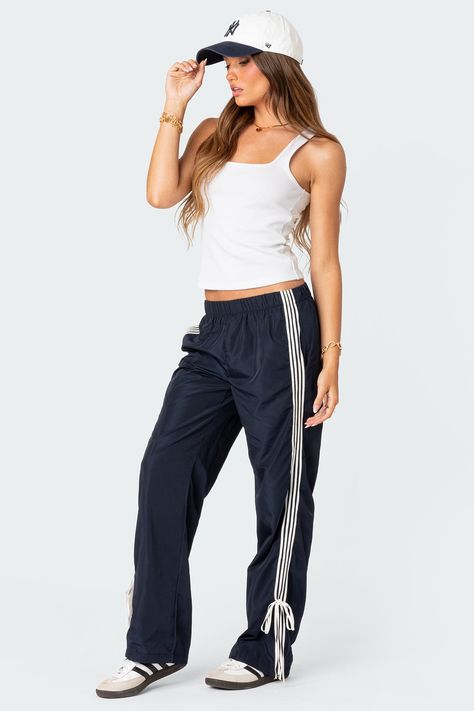 PRODUCT INFO Track pants Side stripe detailing Ribbon tie ankle detail Elastic waist Polyester Model wears size S Model height is 5'8 Item care: Wash with similar color Square Neck Tank Top, Visionary Fashion, Track Pants Women, Swimwear Dress, Ribbon Tie, Side Stripe, Bottom Clothes, Wild Fable, S Models