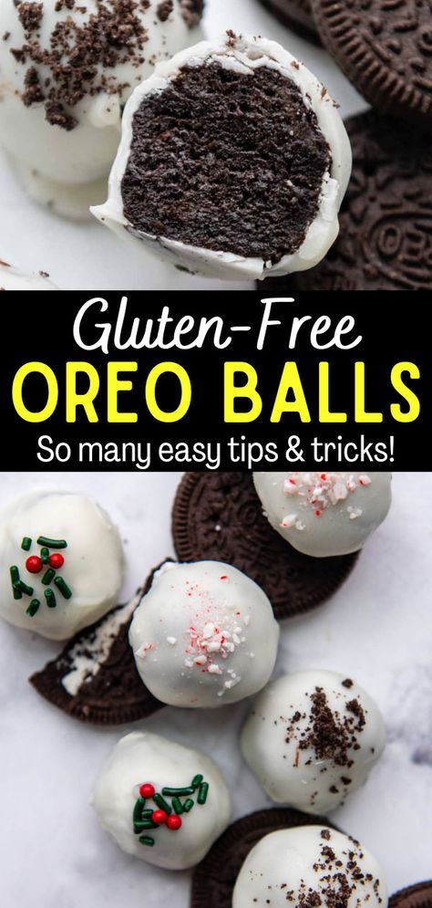 Learn how to make gluten-free Oreo balls with this easy step-by-step recipe! Here you will find the best way to dip Oreo truffles, creative decorating ideas and expert storage tips. Gluten Free Oreo Cake Pops, Oreo Balls Gluten Free, Gf Oreo Balls, Cake Pops Gluten Free, Gluten Free Cake Balls, Easy Christmas Treats Gluten Free, Gluten Free Christmas Goodies, Gluten Free Oreo Truffles, Holiday Treats Gluten Free