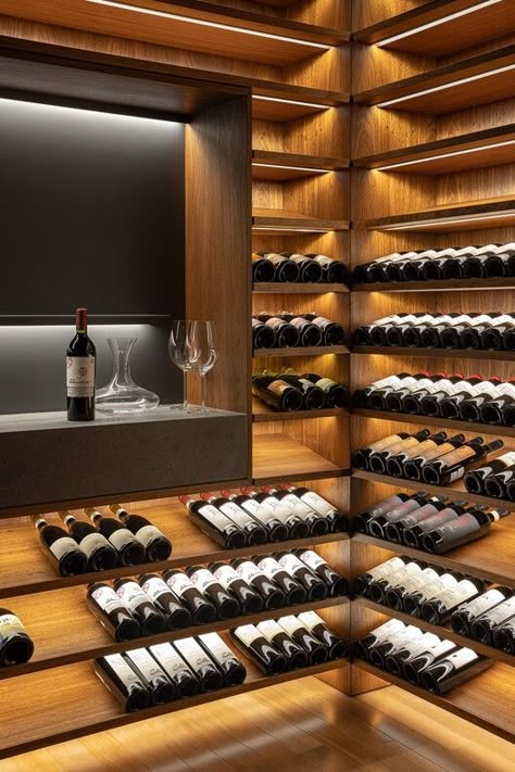 Wine Rooms In House Modern, Wine Seller Ideas, Wine Room Ideas In House, Home Bar Luxury, Luxury Wine Cellar, Modern Wine Room, Wine Shop Interior, Wine Cellar Wall, Contemporary Wine Cellar