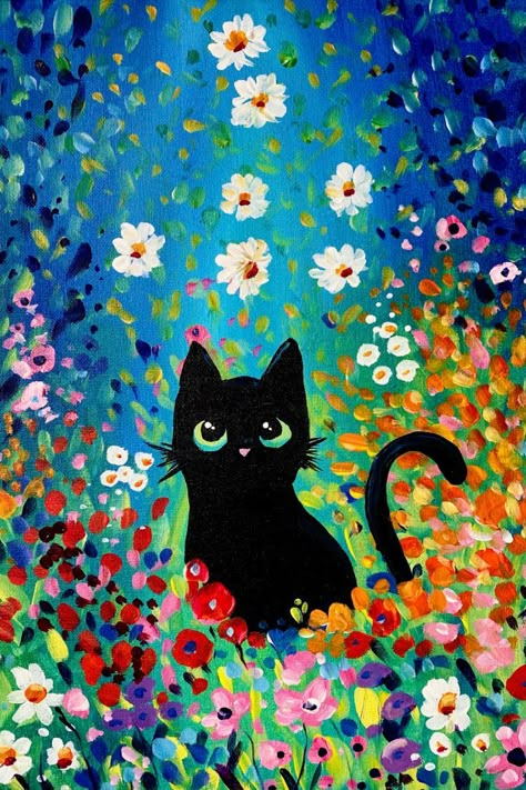 Learn to paint this cute spring kitty cat with acrylic on canvas in easy step-by-step paint and sip tutorials w/ the original artist Wendy Anderson. Fun and easy to follow for beginners! Ideas for girls night, date night, and learning kids activities. #acrylicpainting #art #paintandsip #artparty #blackcat #girlsnight #datenight #selfcare Paint And Sip Ideas, Paint N Sip, Paint Night Ideas, Sip And Paint, Paint Inspo, Paint Nite, Canvas Painting Designs, Acrylic Painting Ideas, Paint Night