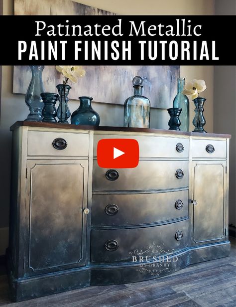 Blue And Silver Furniture, Metallic Chalk Paint Furniture, Aged Metal Diy Paint Finishes, Blending Furniture Paint, Dixie Belle Patina Painted Furniture, How To Blend Chalk Paint On Furniture, Brushed By Brandy Tutorials, Glaze Painted Furniture, Metallic Furniture Paint