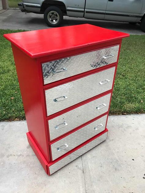 Dresser into a tool box Tool Box Toy Storage, Dresser Toolbox Diy, Tool Box Dresser Diy, Toolbox Dresser, Tool Box Dresser, Boys Toy Box, Chest Of Drawers Makeover, Car Themed Bedrooms, Tool Box Diy