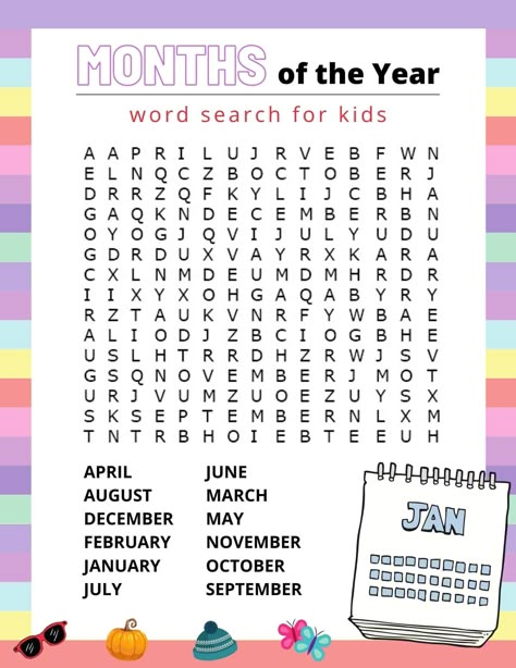 Months Of The Year Word Search, Word Search For Kids Free Printable, Word Find Free Printable, Kids Word Search Free Printable, Easy Word Search For Kids, Printable Months Of The Year, Word Searches For Kids, Teaching Primary School, Word Puzzles For Kids