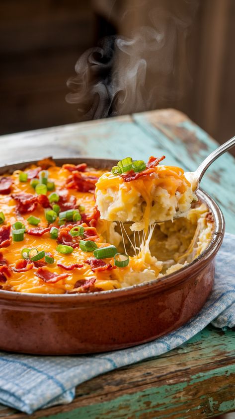 Steamy loaded potato casserole in rustic ceramic dish with bacon and green onion garnish, on weathered table under natural light. Margherita Recipe, Buttery Potatoes, Savory Bacon, Loaded Baked Potato Casserole, Chili Mac Recipe, Baked Potato Casserole, Loaded Baked Potato, Baked Dinner, Potatoe Casserole Recipes