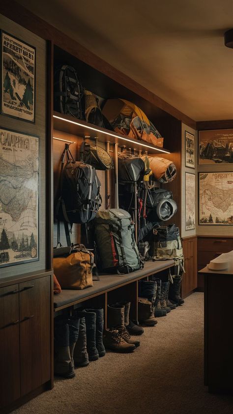 A mid-century modern room with a sleek camping gear wall, organizing outdoor equipment with a stylish touch. Camping Gear Wall, Outdoor Gear Organization, Chic Camping, Modern Camping, Outdoor Gear Storage, Camping Gear Organization, Gear Organization, Adventure Room, Gear Wall